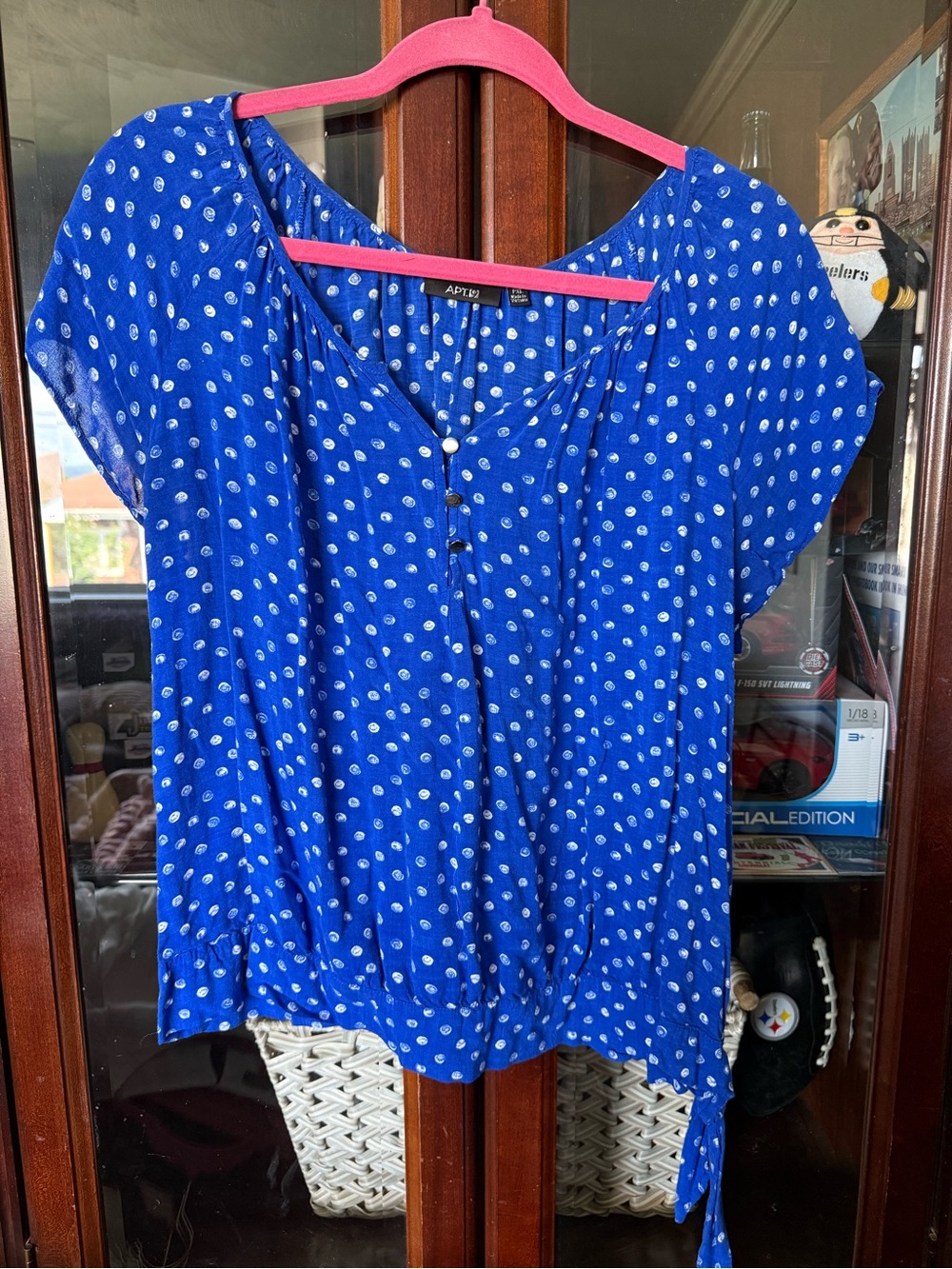 Apt. 9 Blue Polka Dot Tie-Hem Short Sleeve Blouse